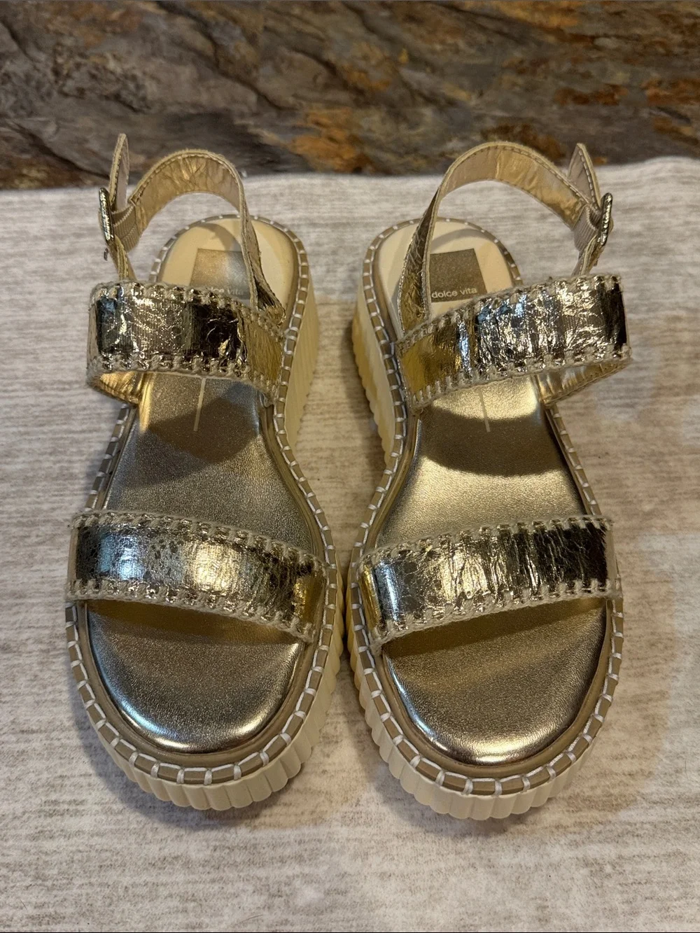 Dolce Vita women’s size 7.5 Shimmery Gold Strappy Platform Sandals. Like new